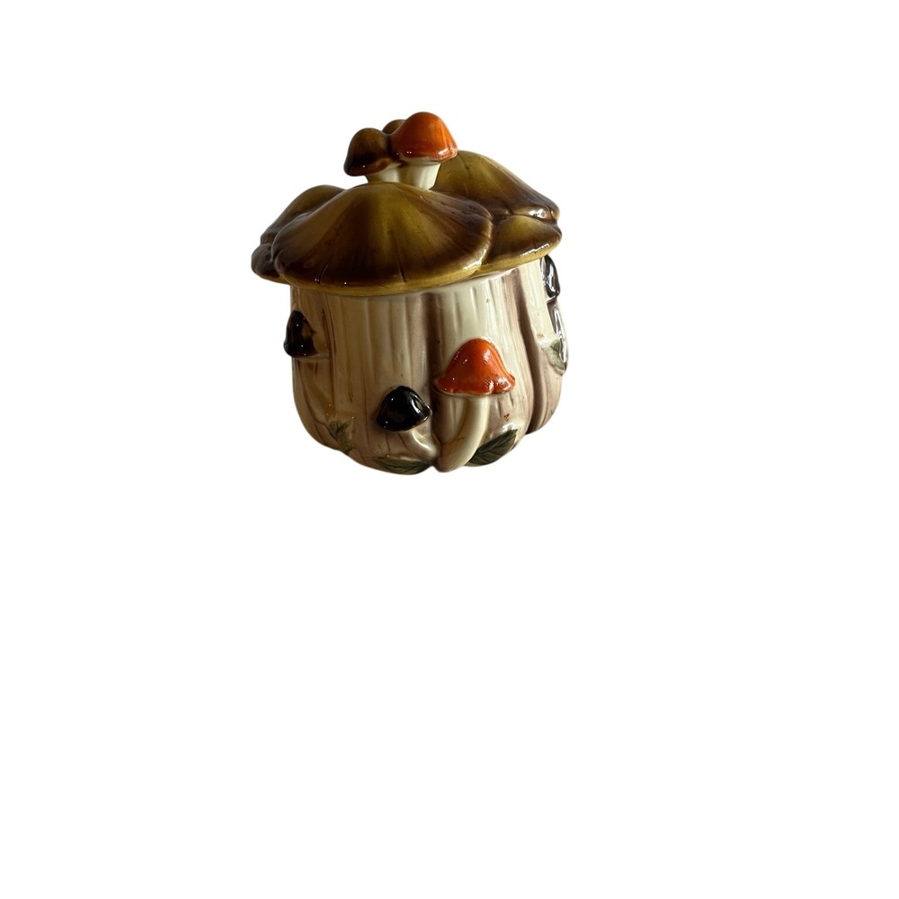 Vintage Homco Mushroom Ceramic Canister Jar Lid 1410 Brown Orange Japan Retro